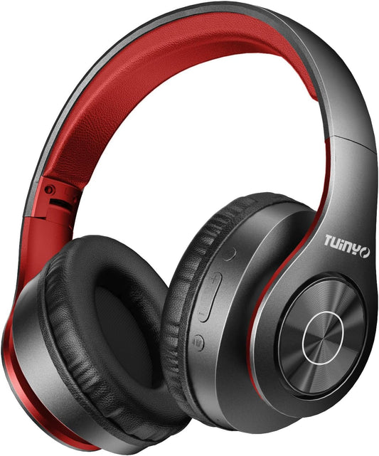 TUINYO Bluetooth Headphones, Over Ear Stereo Wireless Headset 40H Playtime with Deep Bass,Soft Memory-Protein Earmuffs,Built-in Mic Wired Mode PC/Cell Phones-Black red
