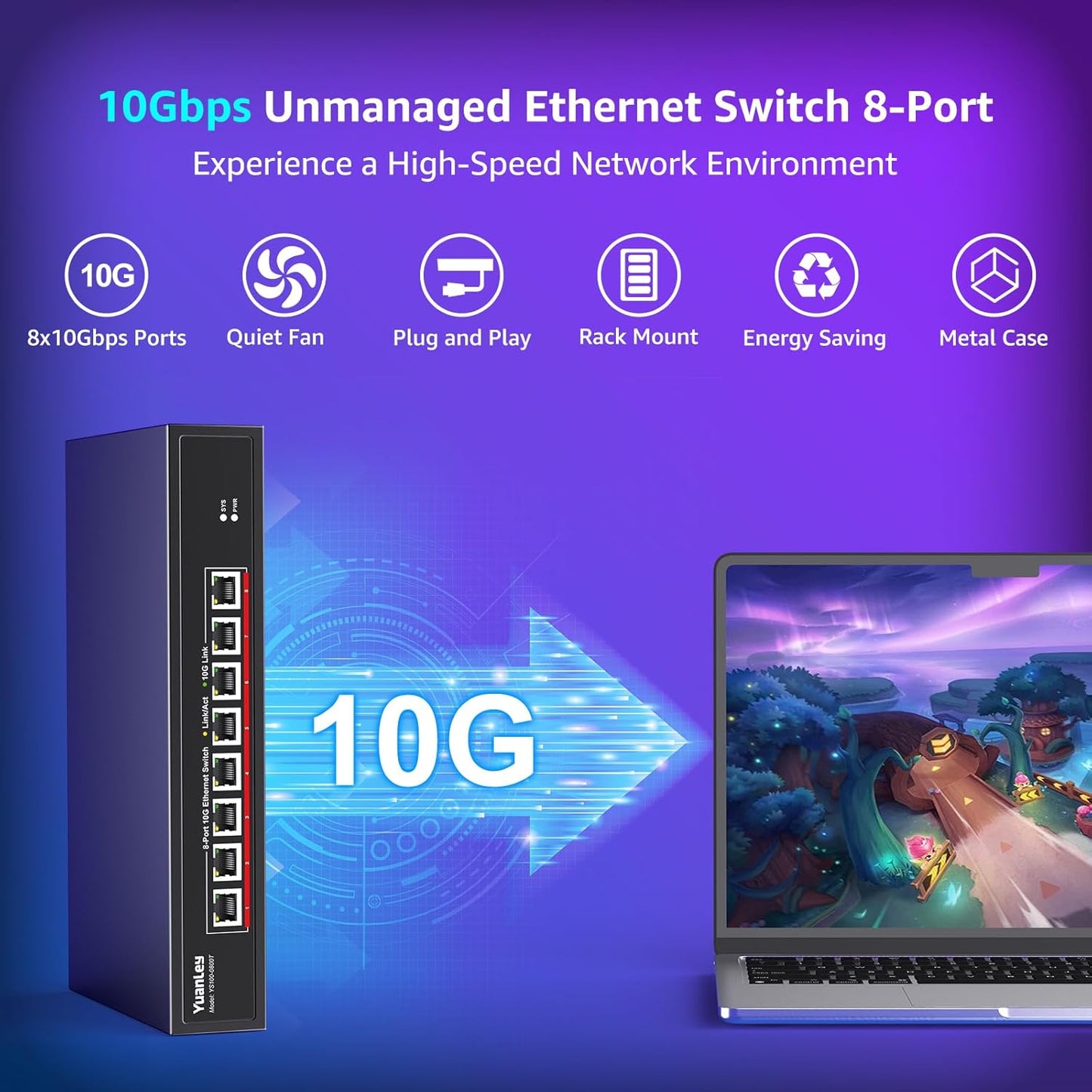 YuanLey 8-Port 10G Ethernet Switch, 8 x 10Gbps RJ45 Ports, Support 10G/5G/2.5G/1G/100Mbps Speed Auto-Negotiation, 160Gbps Switching Capacity, Unmanaged Switch Rackmountable, Plug and Play