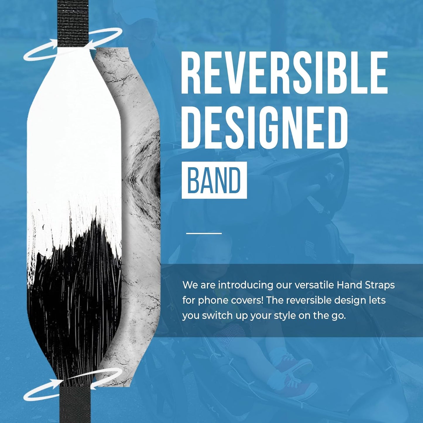 Phone Grip Strap - Pack of 2 Reversible Finger Holder for Phone Back, Customizable Anti-Slip Design, Wireless Charging Compatible Detachable Holder for iPhone - White on Black