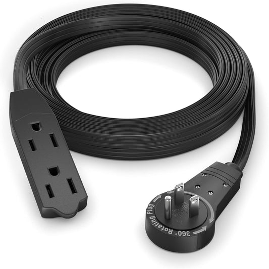 Maximm Cable 10 Ft 360° Rotating Flat Plug Extension Cord/Wire, 16 AWG Multi 3 Outlet Extension Wire, 3 Prong Grounded Wire - Black - UL Certified