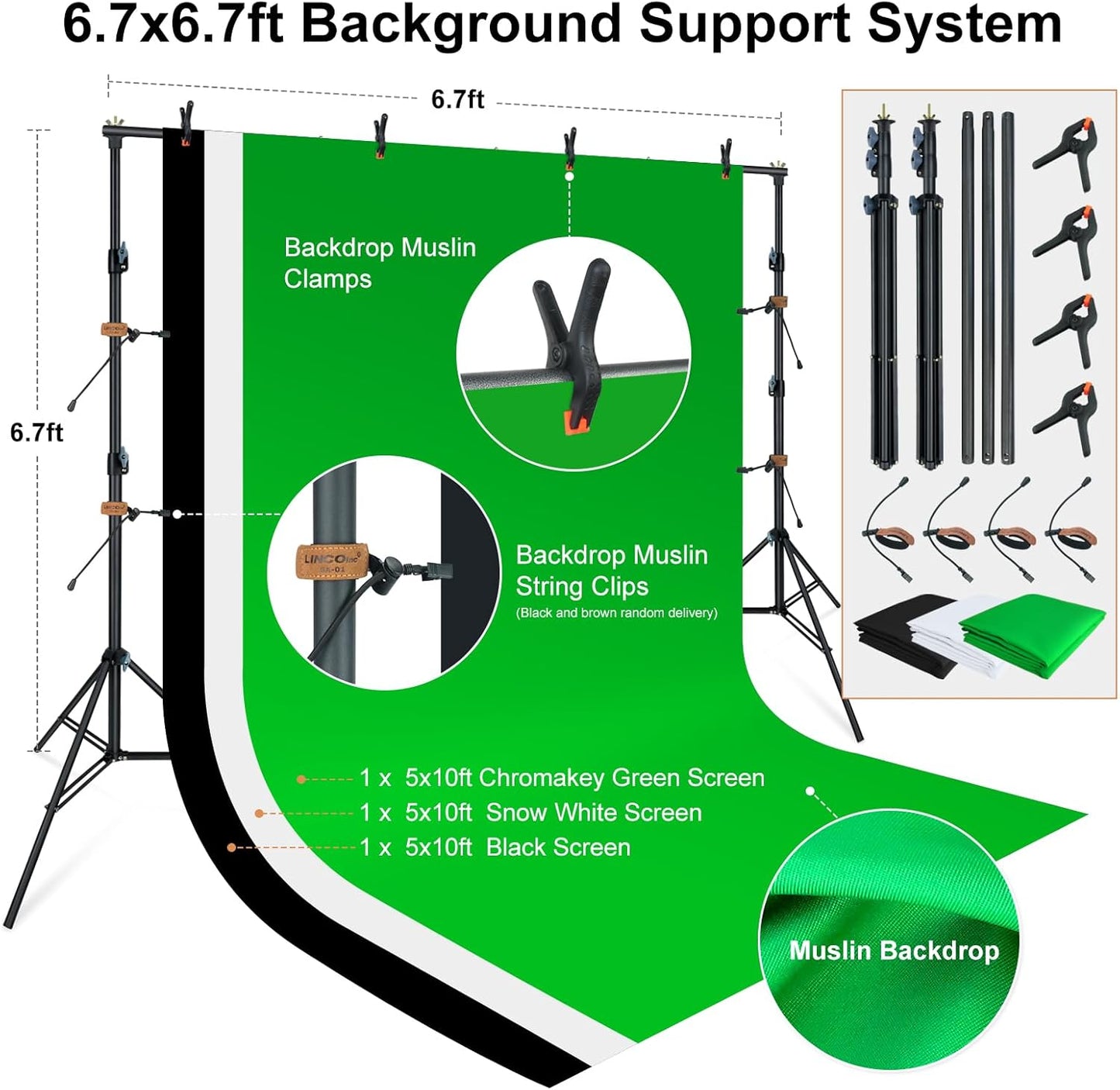 LINCO Lincostore Photo Video Studio Light Kit AM169 - Including 3 Color Backdrops (Black/White/Green) Background Screen