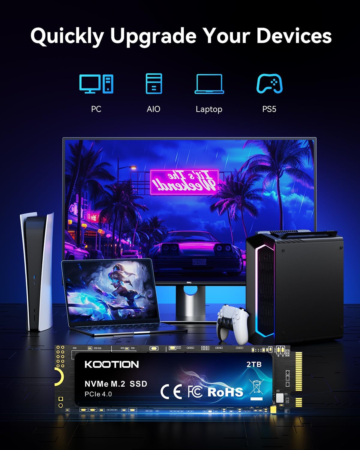 KOOTION 2TB NVMe Internal SSD PCIe 4.0, M.2 2280 NVMe Gen 4 Internal Solid State Drive Up to 5000MB/s, Storage Memory for PC