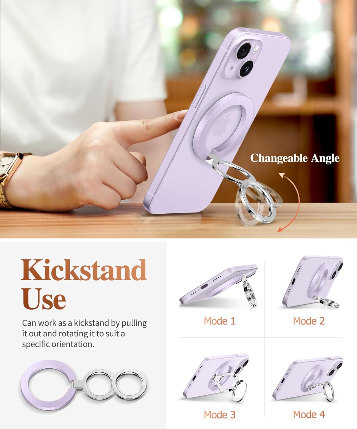 GVIEWIN Magnetic Phone Ring Holder, Compatible with MagSafe Phone Grip with Adjustable Stand, Magnet Phone Ring Kickstand for iPhone 16 Pro Max/Plus/15/14/13/12 Series/Other Phones (Lilac)