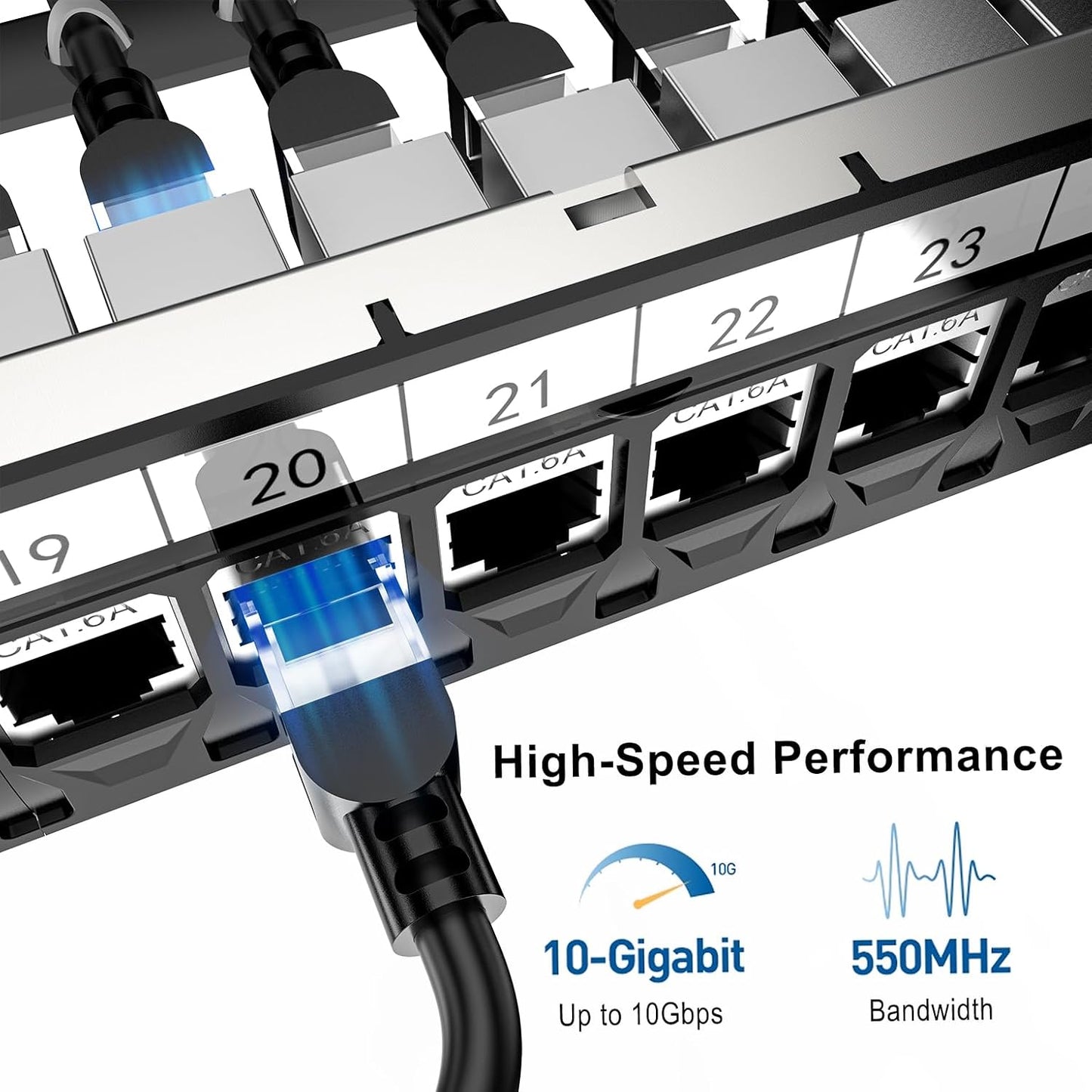Jadaol 24 Port Shielded Patch Panel Rack or Wall Mount 19-Inch, 1U Cat6A Network Panel Preloaded with 24 Keystone Couplers Plus 1 Spare, 10Gbps Ethernet Panel with Cable Management & Back Support Bar