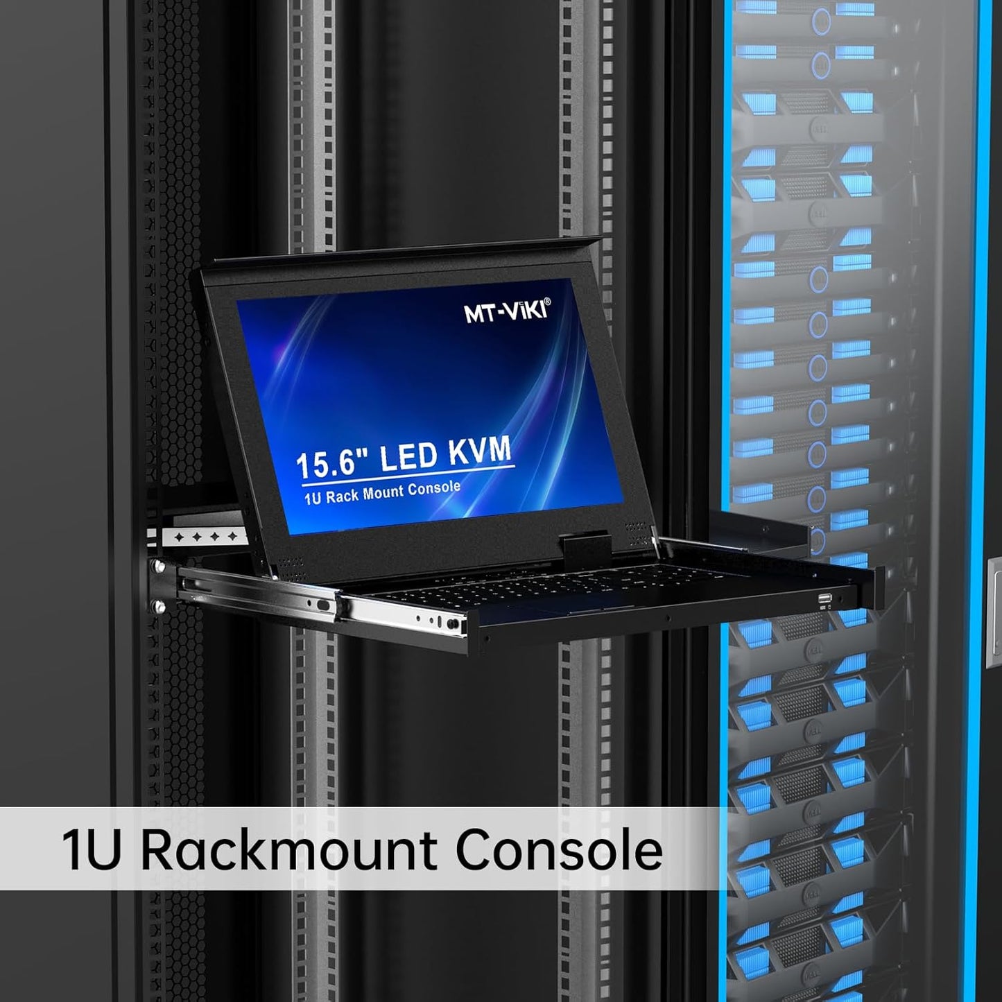 MT-VIKI 16 Port VGA KVM Console, 1U Rack Mount KVM Console w/15.6'' LCD Monitor, 1080P All-in-ONE LCD KVM Console Integrated Touchpad+Keyboard+Drawer+16 KVM Cables