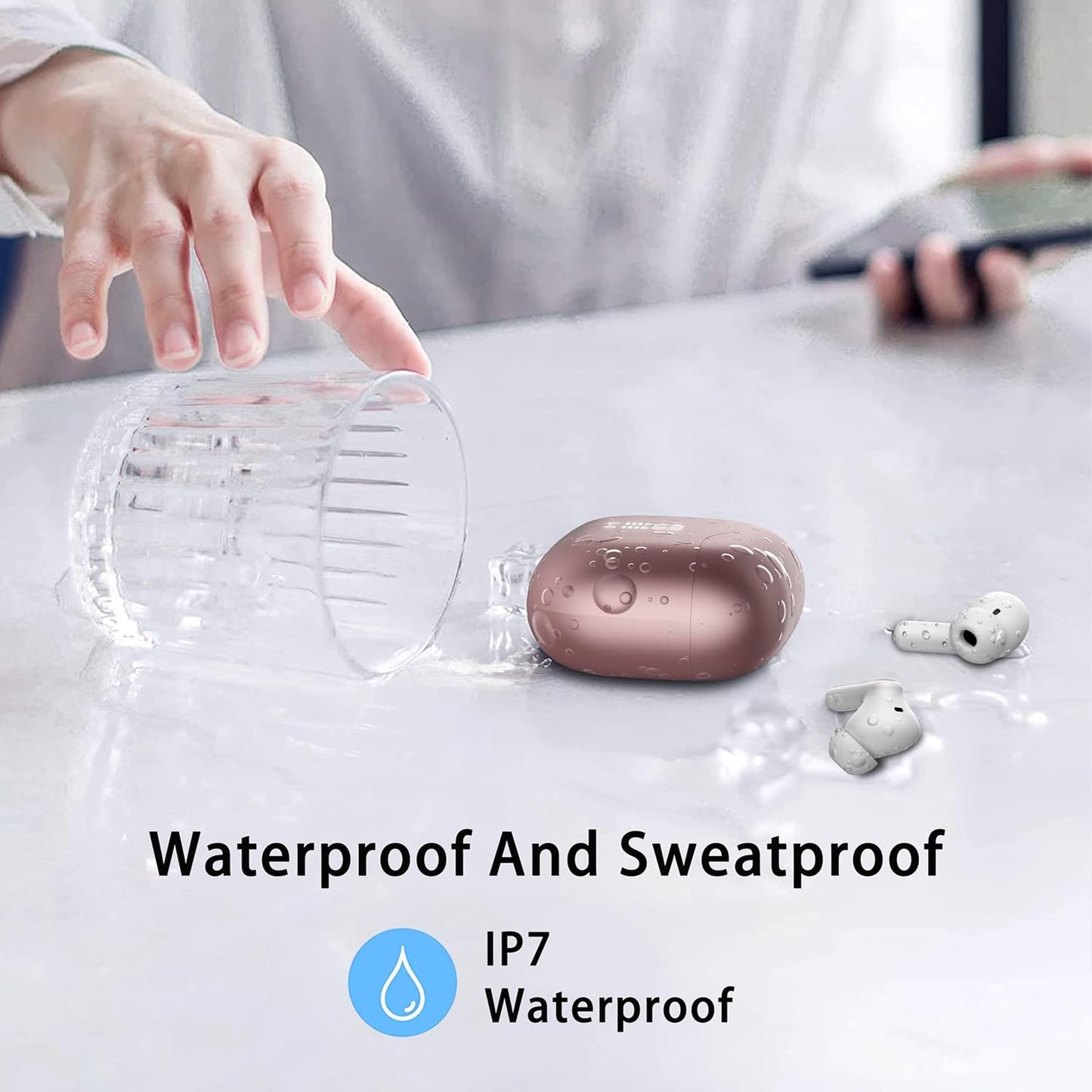 Wireless Earbuds, Bluetooth 5.4 Headphones in Ear with 4 ENC Noise Cancelling Mic, New Wireless Earphones HiFi Stereo Deep Bass 40H Playtime, In-Ear Bluetooth Earbuds LED Display IP7, USB-C, Rose Gold