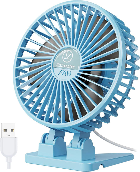 JZCreater USB Desk Fan, Portable Fan Mini, 3 Speeds Desktop Table Cooling, Plug in Power, Rotation Strong Wind, Quiet Personal Small Fan for Home Desktop Office Travel Bedroom, Sky Blue