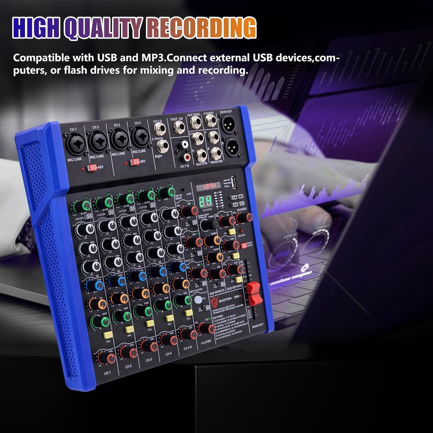 EXOTON Professional Audio Mixer Console, 6 Channel with USB, Bluetooth, MP3 Input, 48V Phantom Power, Ideal for Studio, Live Performance, and DJ Use