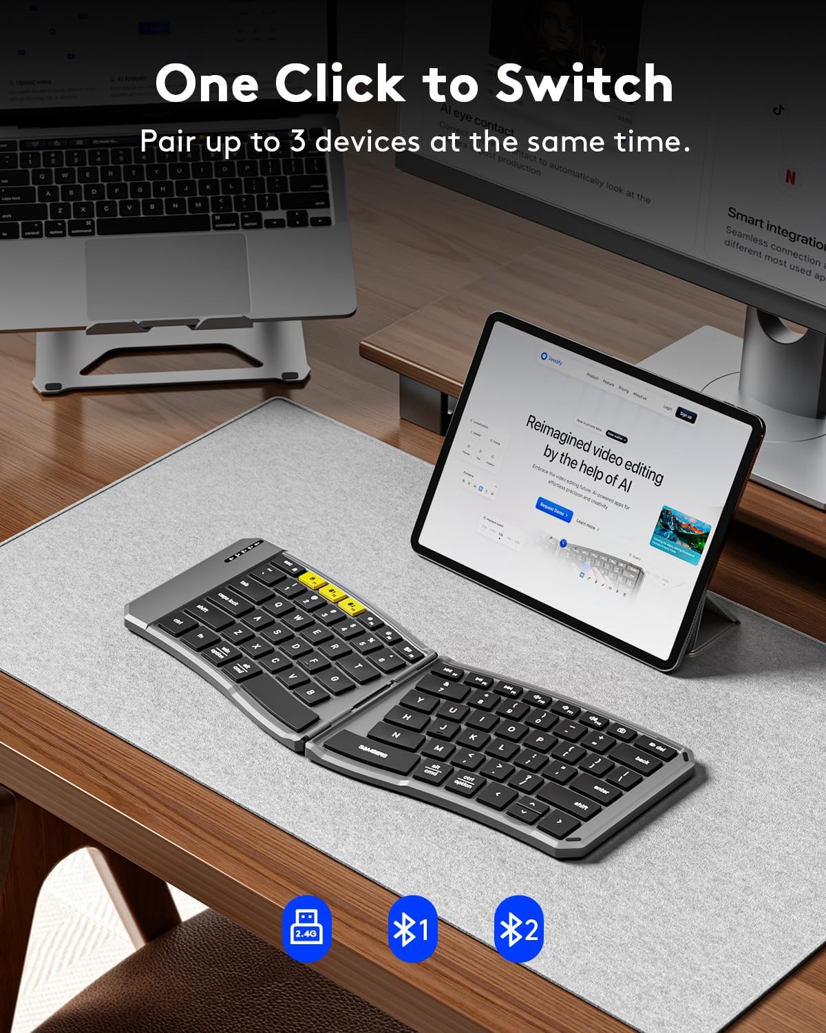 Samsers Ergonomic Foldable Keyboard, KE09U Folding Travel Bluetooth Keyboard with 6-Row Layout, Dual-Mode(2.4G+BTx2) Split Portable Design with USB Slot, for iPhone iPad Smartphone Tablet Laptop PC