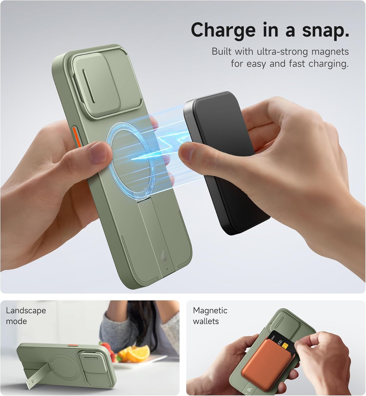 SURITCH for iPhone 14 Pro Max Case with Magnetic Camera Slide Cover and Adjustable Kickstand, Compatible with MagSafe, Shockproof Bumper Case Slim Protective Cover 6.7 Inch, Green