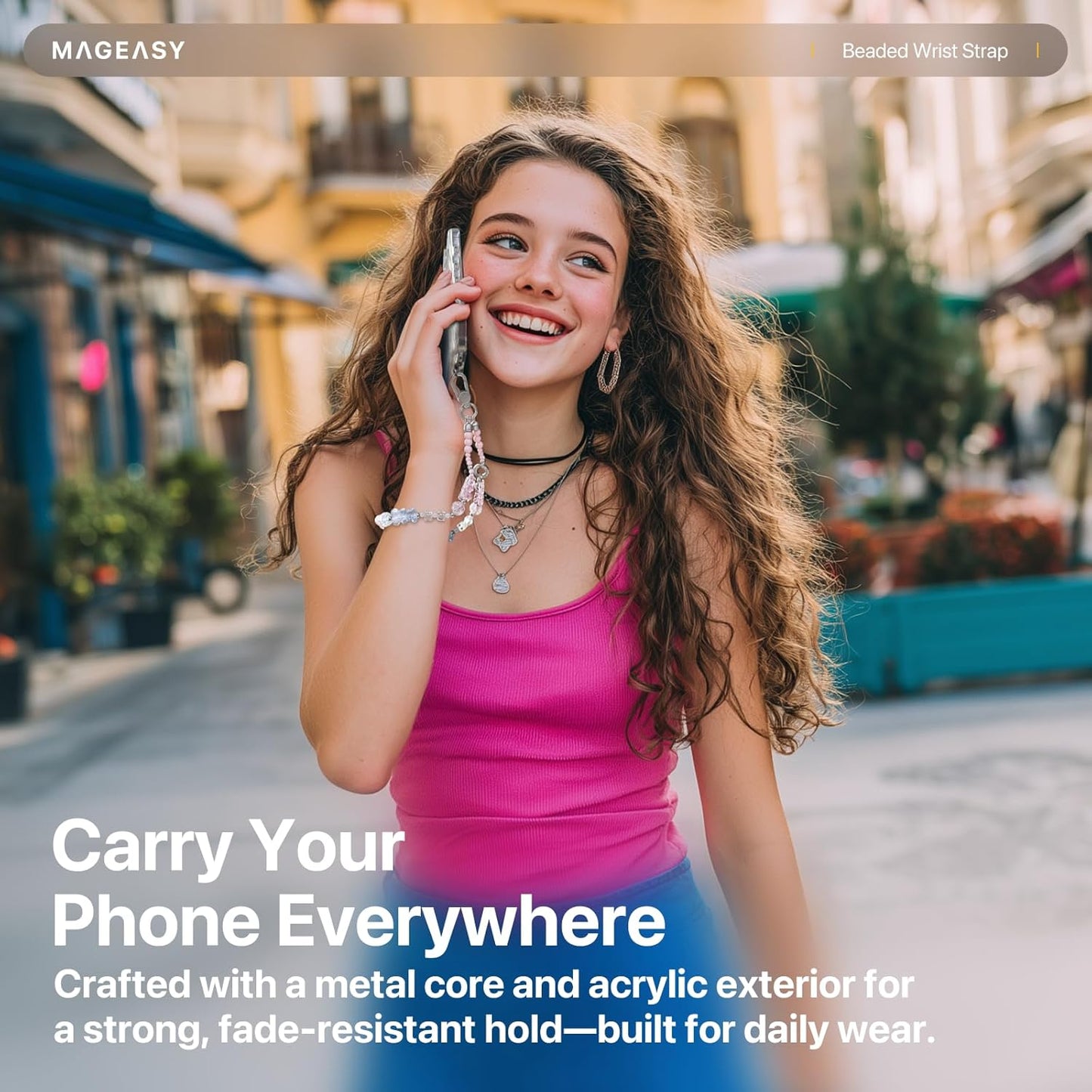 MAGEASY Beaded Phone Charm for Women - Cell Phone Wrist Strap with Teather Tab, Designed for iPhone & Android Phones, Keychain, Camera - Bear Bliss with Lobster Hooks (Double Hooks)