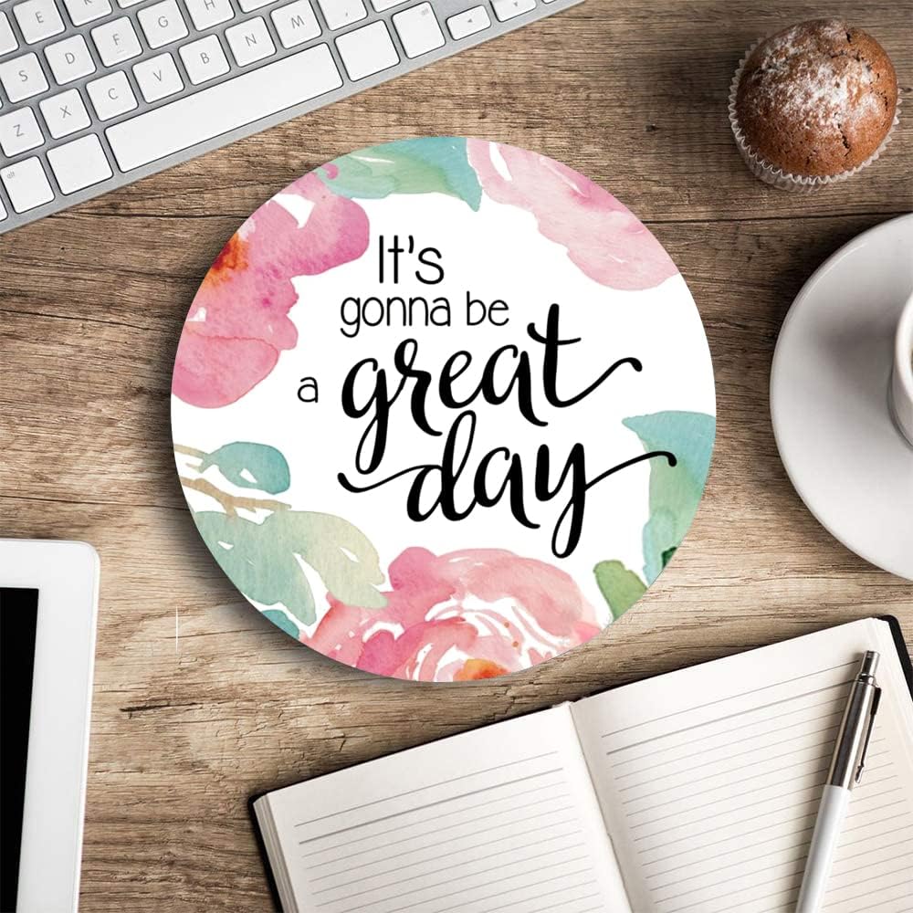 Mouse Pad, Inspirational Quote Floral Mouse Pad, Quote Great Day Mouse Pad, Washable Round Mousepads with Lycra Cloth, Non-Slip Rubber Base Computer Mouse Pads for Wireless Mouse