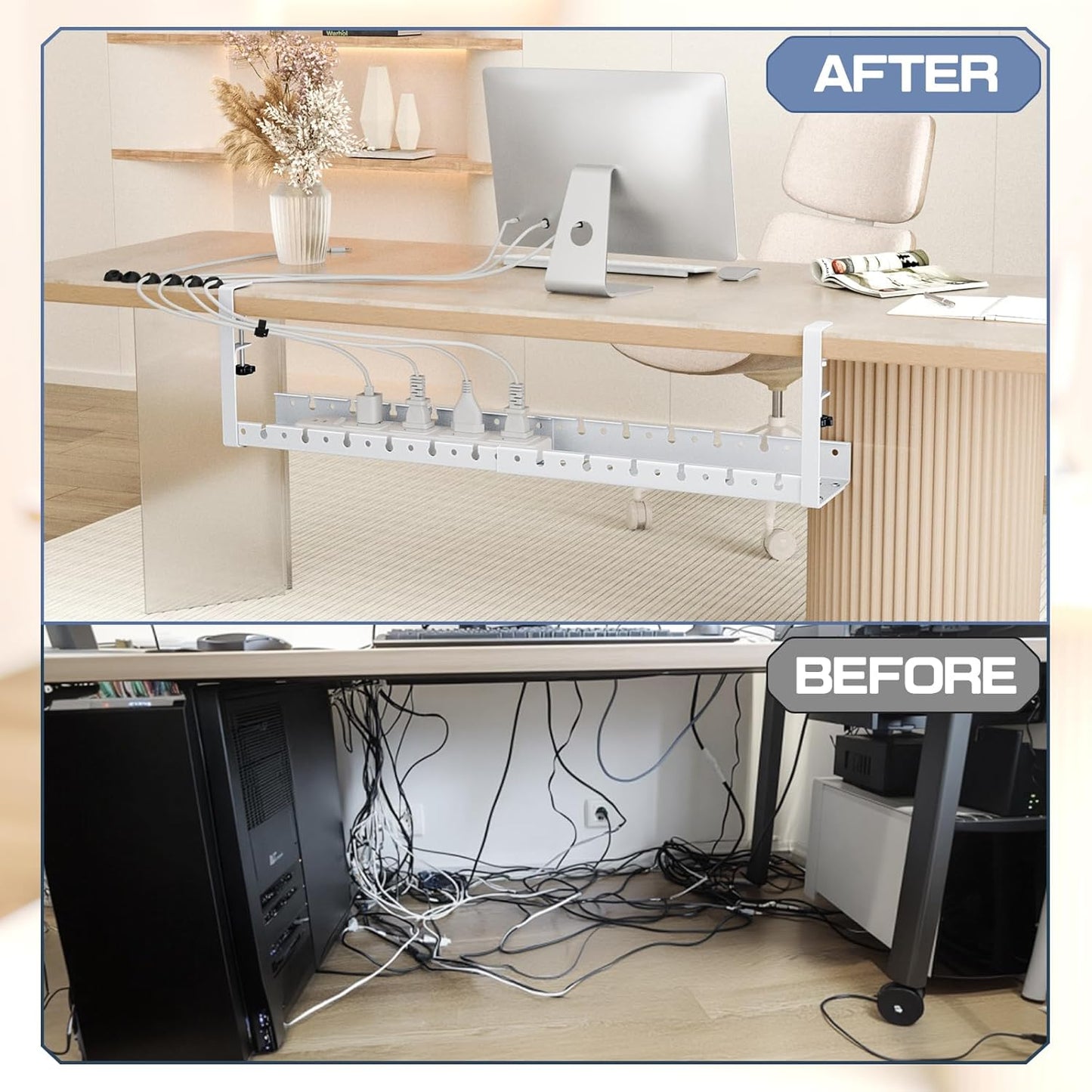 Shikha Under Desk Cable Tray, 15.7"-30.7" Retractable Under Desk Cable Management, No Drilling Cord Organizer with Clamp, Wire Management for Home Office -White
