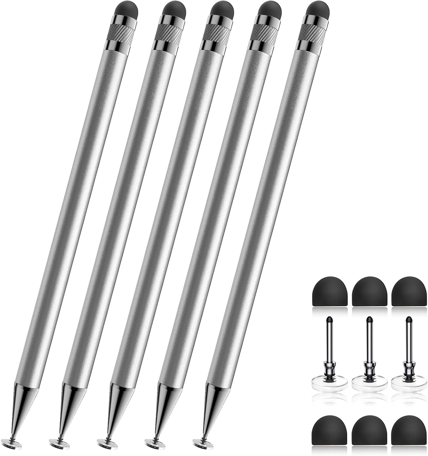 Bopomofo Stylus (5 Pcs), 2-in-1 Stylus Pen for Touchscreen, High Precision and Sensitivity, Suitable for iPhone/ipad/Android Tablets, Compatible with All Touch Screens,Silver