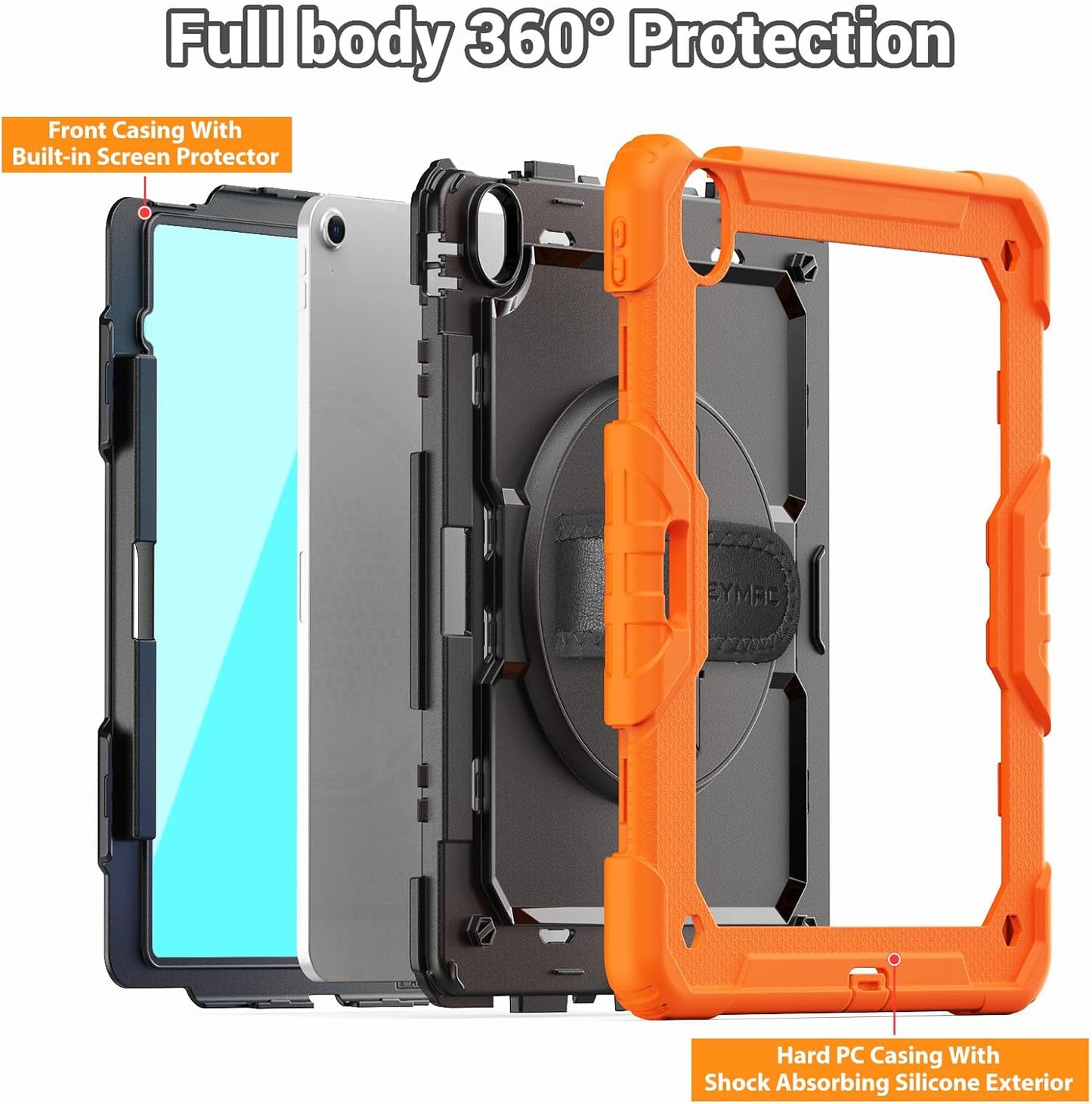 SEYMAC for iPad Air 13 Inch Case M3 2025/ M2 2024, Heavy Duty Shockproof Protective Case with Screen Protector, 360° Rotating Stand, Hand/Shoulder Strap and Pen Holder for iPad Air 13, Orange