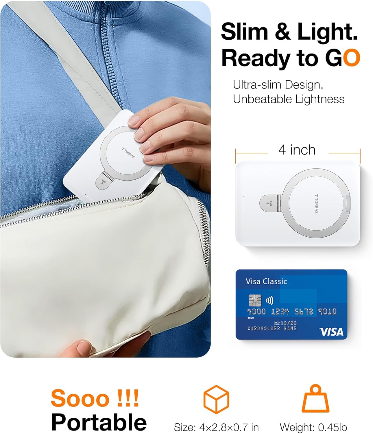 TORRAS 10000mAh Magnetic Portable Charger Power Bank for iPhone, Fast Charging Travel Essential Wireless Battery Pack Slim with OStand Compatible with Magsafe, 16 Pro Max,Pro,15,14,13,12, White