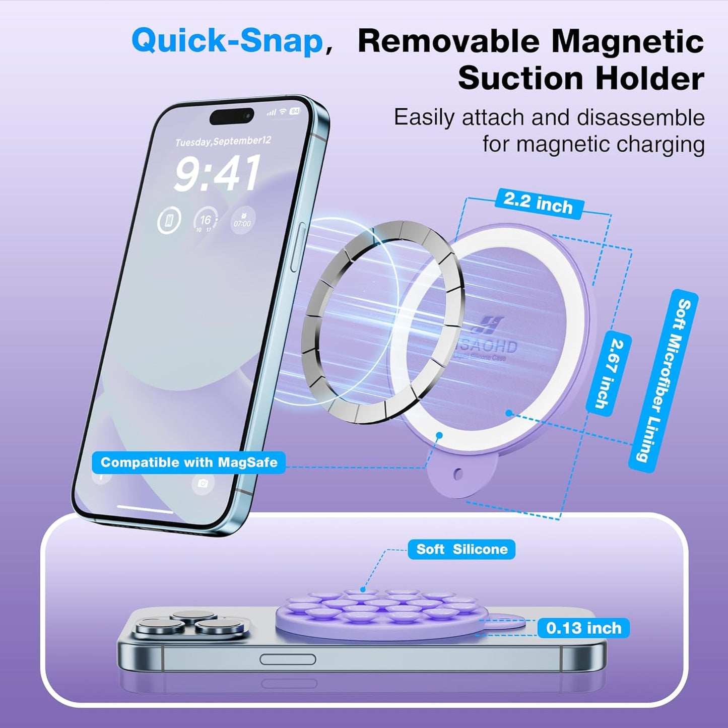 Magnetic Suction Cup Phone Mount for MagSafe Case, Silicone Hands-Free Grip Holder for iPhone and Android, Mirror Shower Phone Stand for Makeup FaceTime Gym Kitchen Bathroom, Lilac Purple