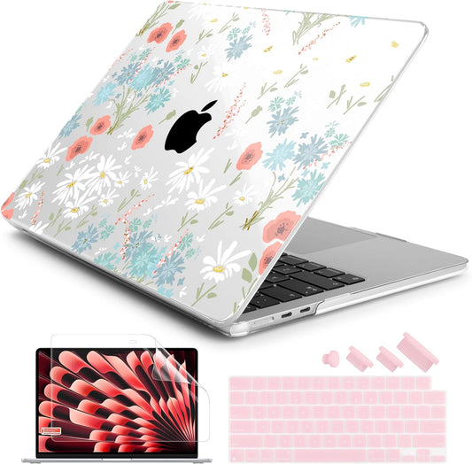 Batianda Premium Case for New MacBook Air 15 inch 2025 2024 2023 with M4 M3 M2 Chip, Floral Designed Protective Plastic Hardshell & Keyboard Cover & Screen Protector, Cute White Flower