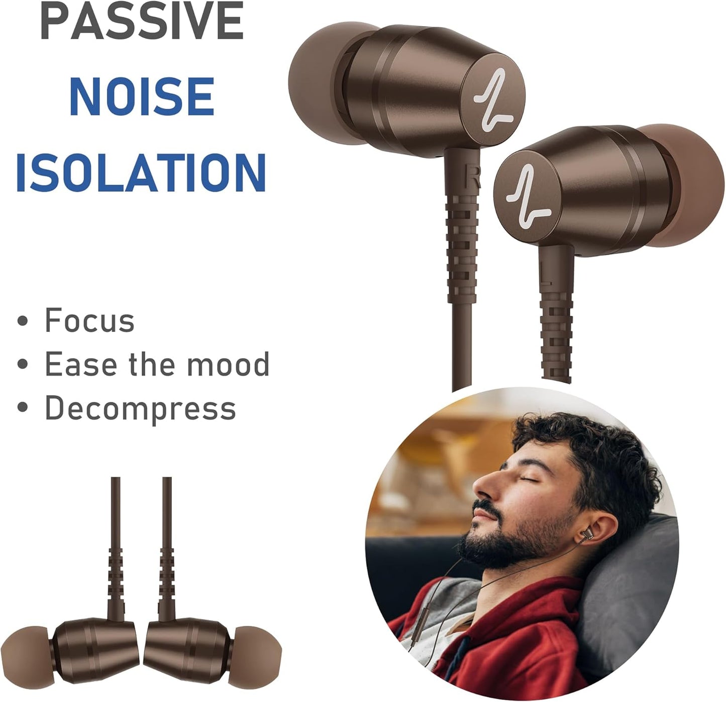 LUDOS OMNITONE Wired Earbuds in-Ear Headphones, 5 Year Warranty, Earphones with Microphone, 3.5 mm Jack Corded Ear Buds, Videoconference for iPhone, Samsung, Laptop, Kids, School Students - Brown