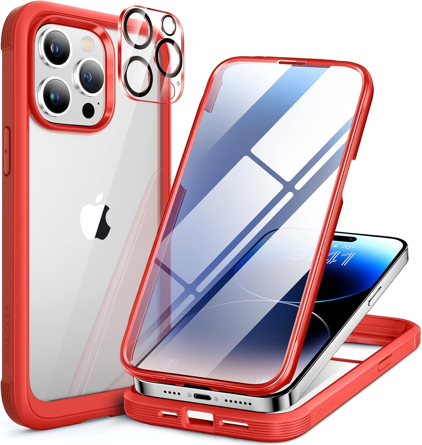 Miracase Glass Series Designed for iPhone 14 Pro Max Case 6.7 Inch, Upgrade Full-Body Bumper Case with Built-in 9H Tempered Glass Screen Protector, with Camera Lens Protector, Red