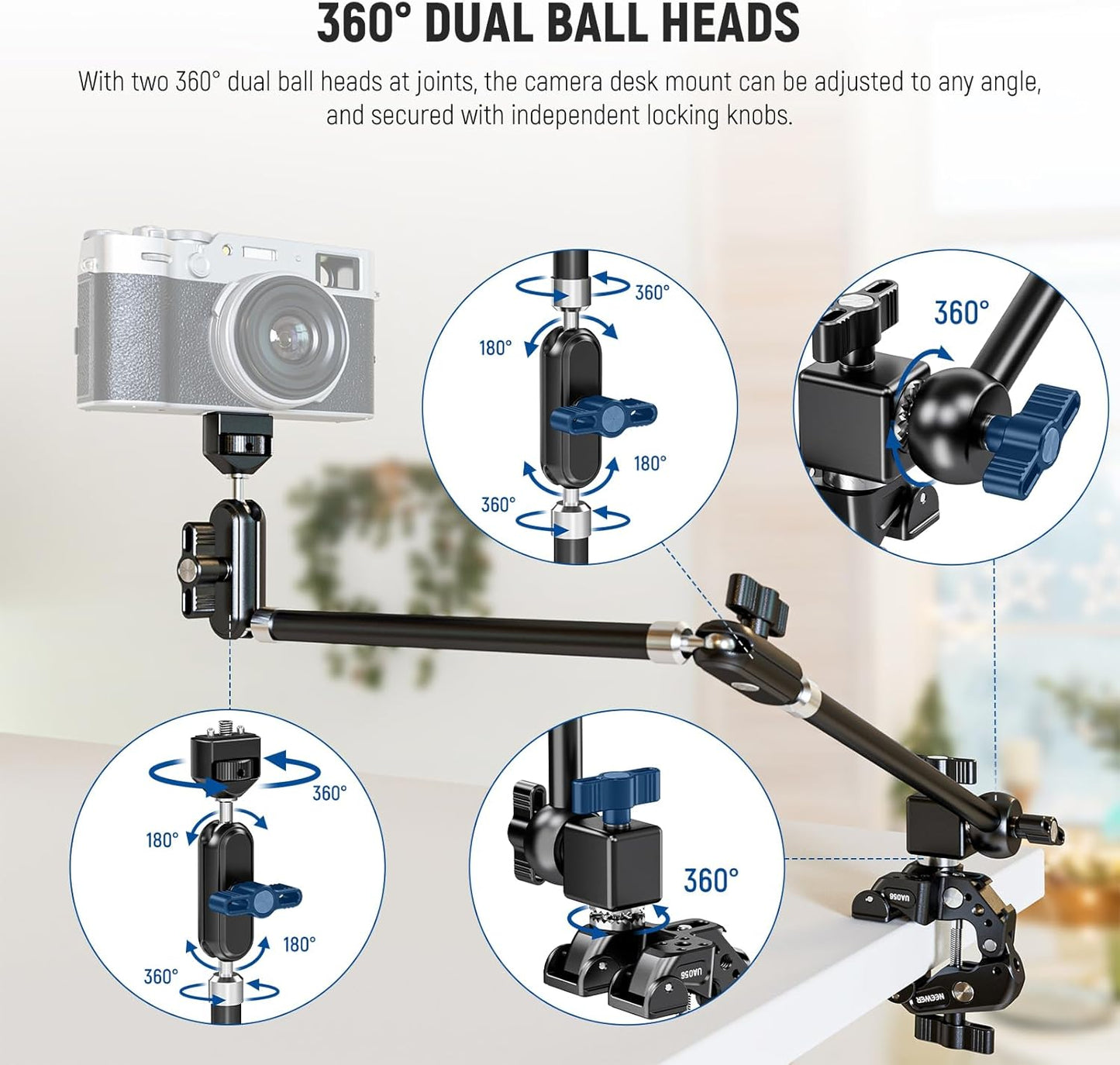 NEEWER 30" Articulating Magic Arm with Super Clamp/Action Cam Mount/Phone Holder, Overhead Camera Desk Mount Mic Boom Stand, Compatible with GoPro iPhone DSLR Webcam Microphone Video Recording, UA056