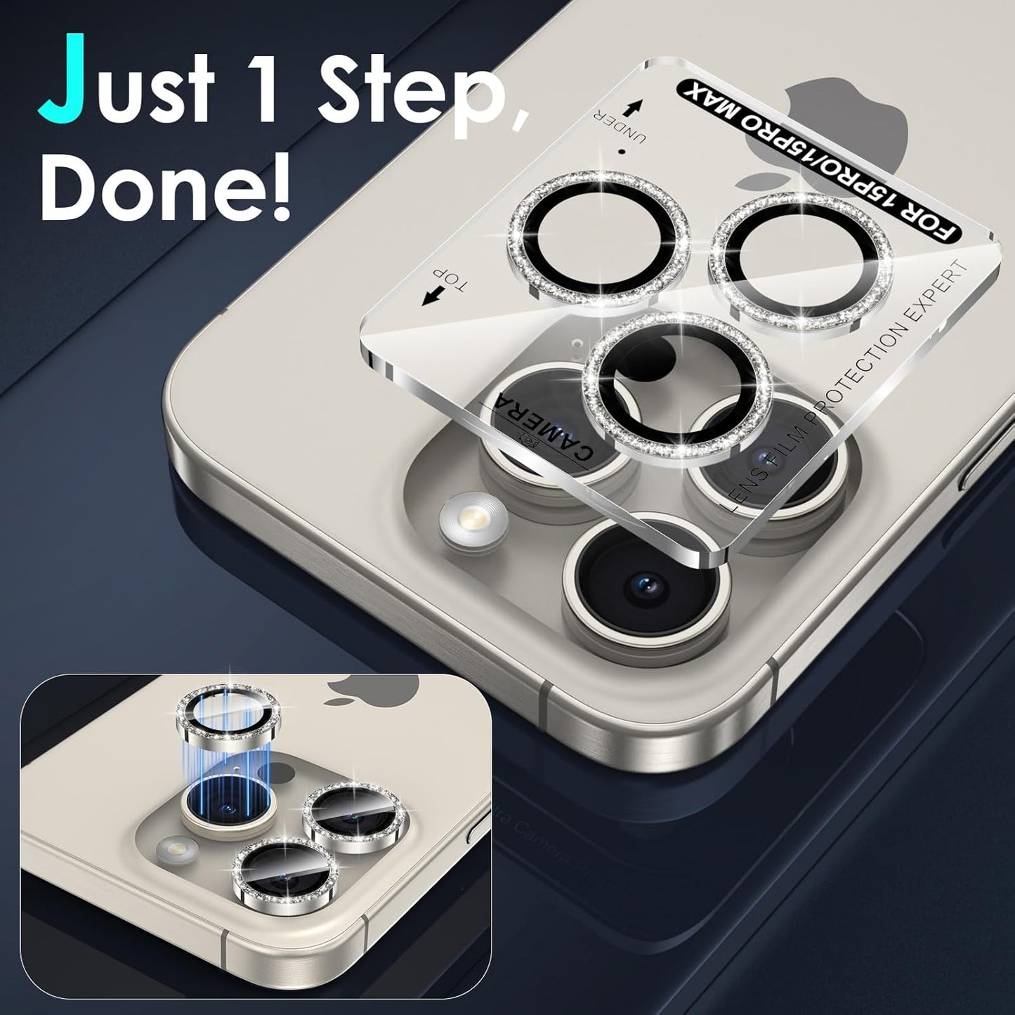 YWXTW Designed for iPhone 15 Pro/iPhone 15 Pro Max Camera Lens Protector Bling, [New Glitter Design] Individual Metal Tempered Glass Camera Cover Accessories Case Friendly (Natural Titanium Glitter)