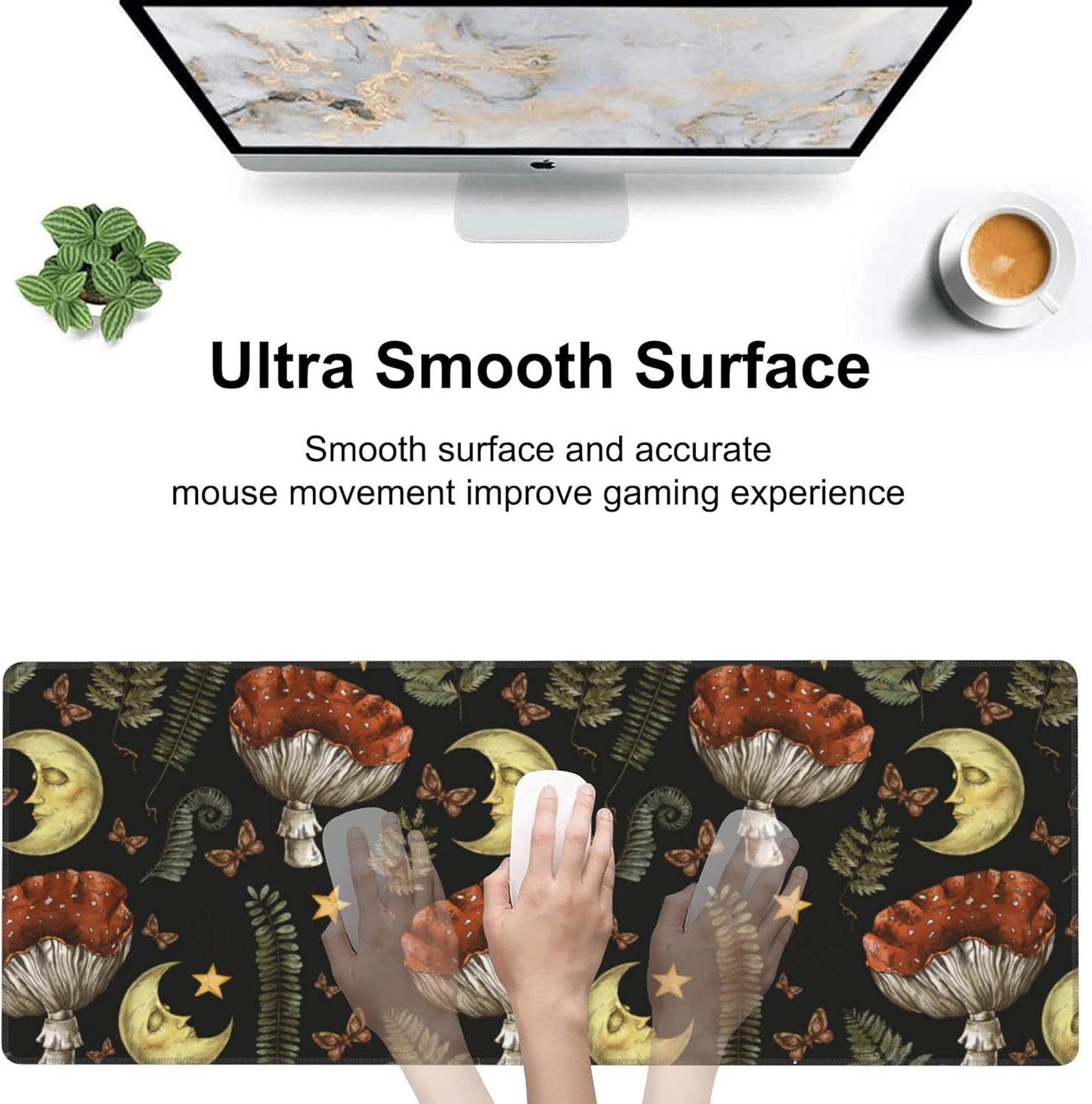 Vintage Magic Forest Desk Mat,Large Moon Amanita Mushroom and Forest Botanical Gaming Keyboard Mouse Pad,Non-Slip Rubber Base Desk Pad Thick Stitched Edges Waterproof Mousepad Mouse Mat 31.5"x11.8"