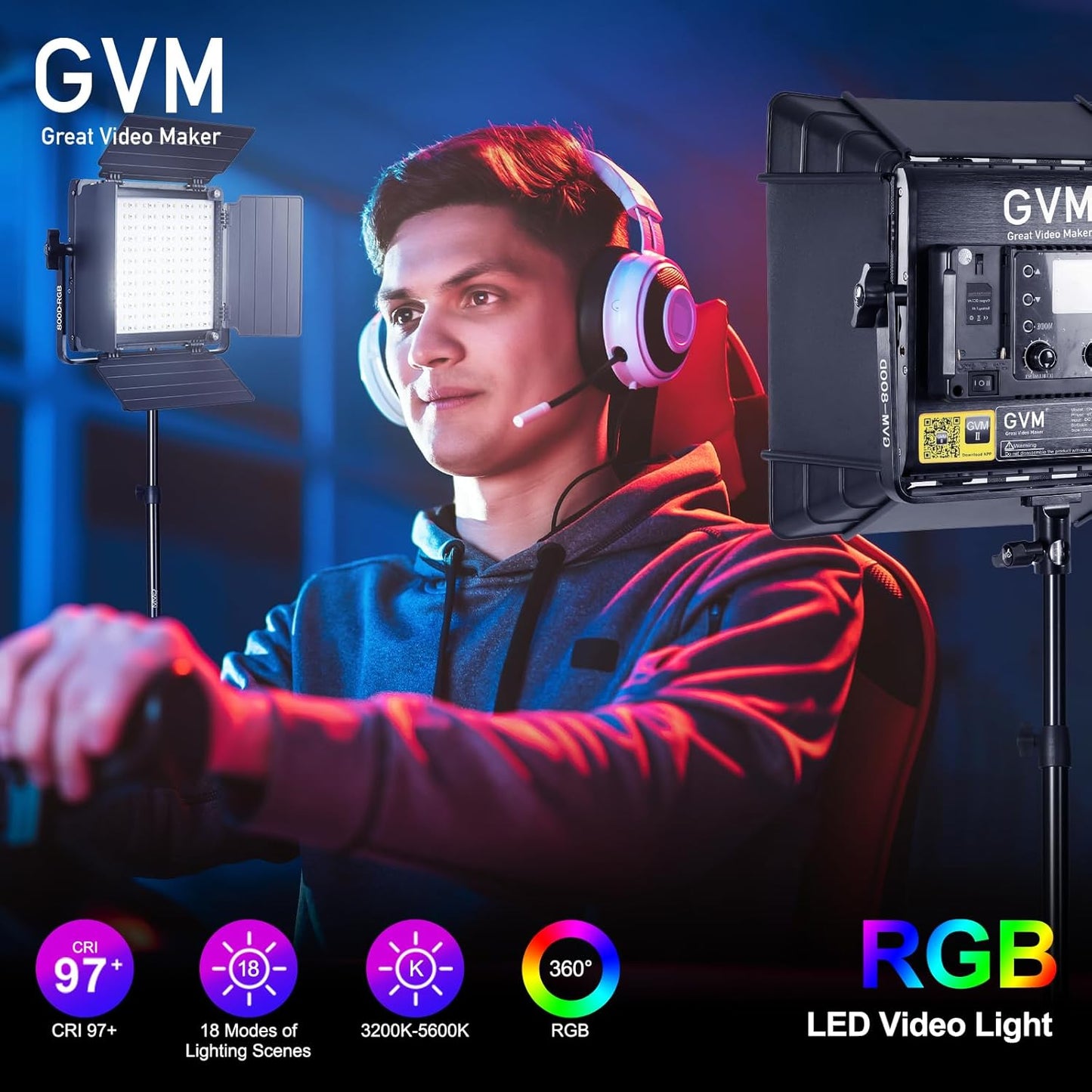 GVM Upgrade 800D RGB Video Light Kits with 2 Softboxes, Studio Lights with Bluetooth Control, 2 Packs Photography Lighting with 18 Lighting Scenes, led Panel Lights for Video Recording