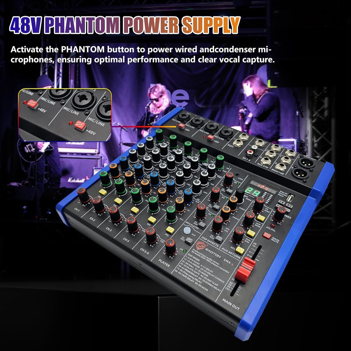 EXOTON Professional Audio Mixer Console, 6 Channel with USB, Bluetooth, MP3 Input, 48V Phantom Power, Ideal for Studio, Live Performance, and DJ Use