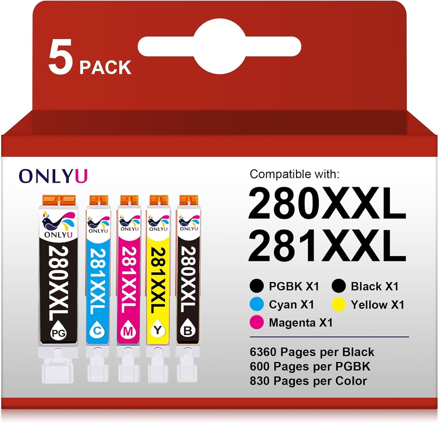 ONLYU 280XXL 281XXL Compatible for Canon Ink 280 and 281 Cartridges PGI-280XXL CLI-281XXL for Canon TR8520 Ink Cartridges for Pixma TR8620 TR8620a TS6320 TR7520 TS6120 TS6220 TS8220 TS9520 (5 Packs)