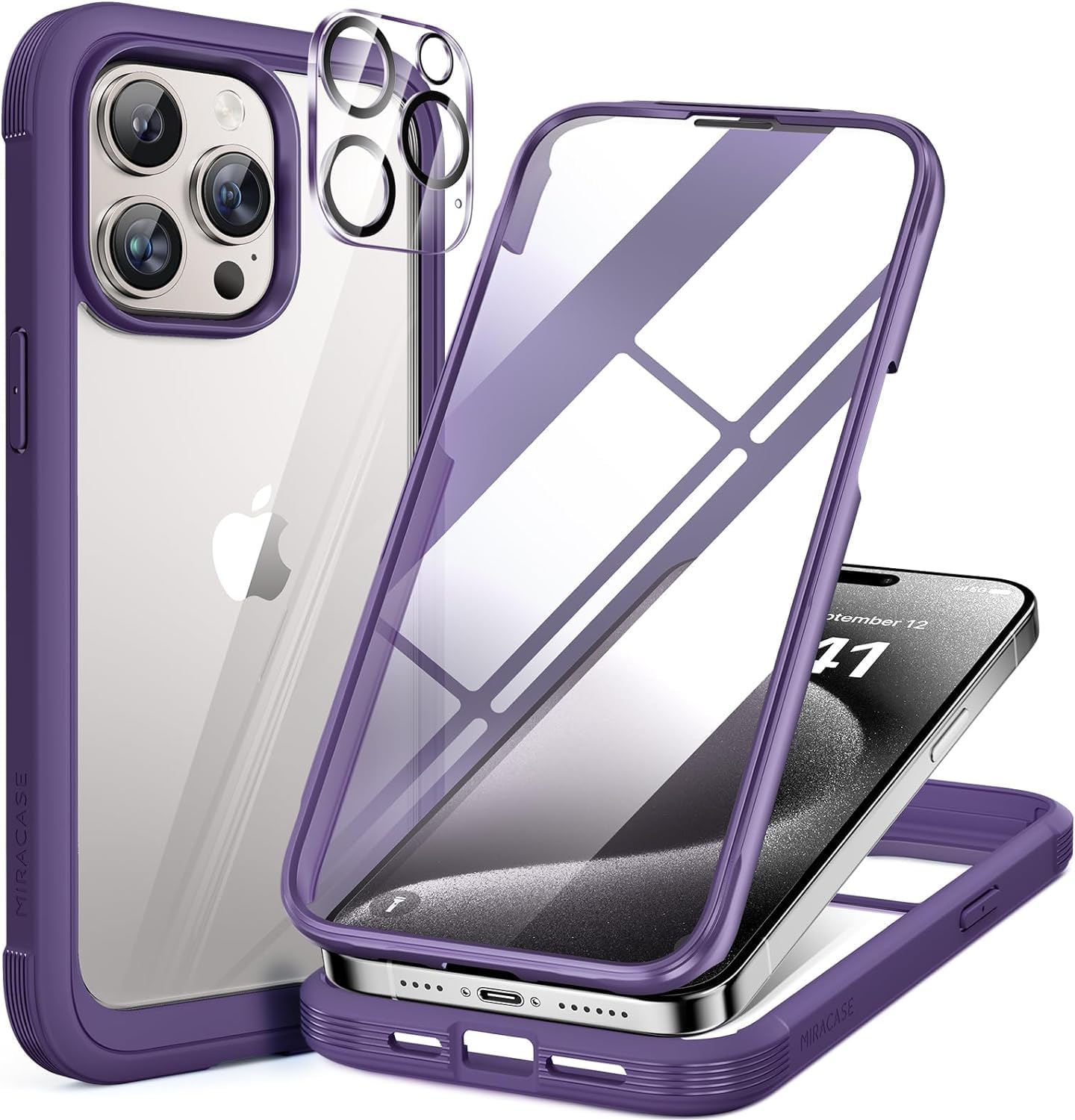 Miracase for iPhone 15 Pro Case Full-Body Built-in Glass Screen Protector& Camera Protector, Military Protective 15 Pro Phone Case Cover 6.1 inch, Purple