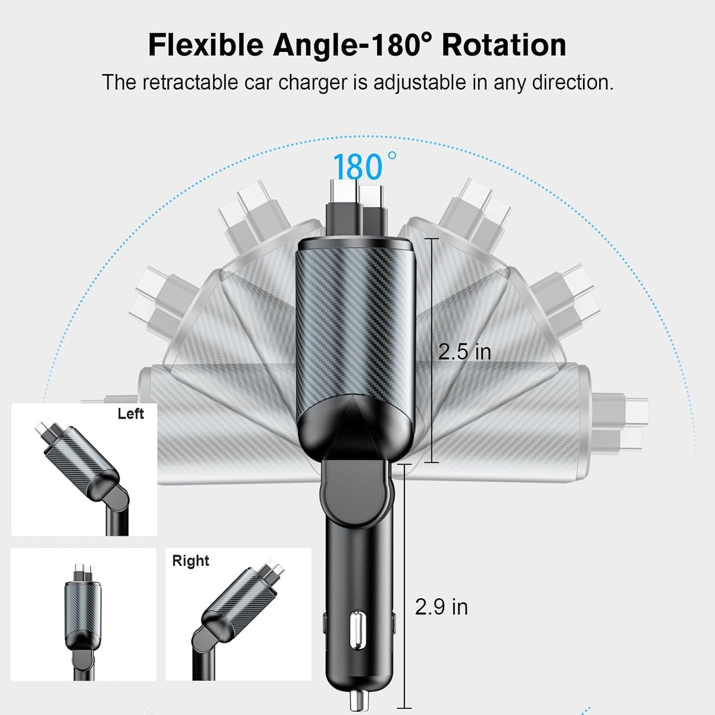 Retractable Car Charger for 4 in 1 Fast Charging Max 80W【ONLY 2 Type-C Charging Cable】 for iPhone16 15/Galaxy,USB-A/C Port for iPhone16/15/14/13/Pro Max Plus,iPad,AirPods,PD 3.0 Cord