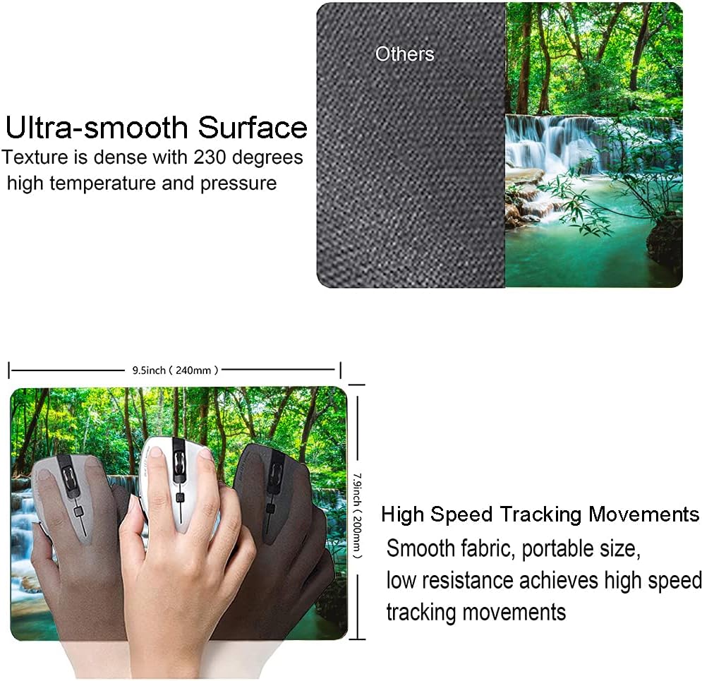 Mouse Pad, Forest Waterfall Natural Scenery Mouse Pad Custom Design, Square Waterproof Mouse Pad Non-Slip Rubber Base MousePads for Office Laptop, 9.5"x7.9"x0.12" Inch(Green Forest Waterfall)
