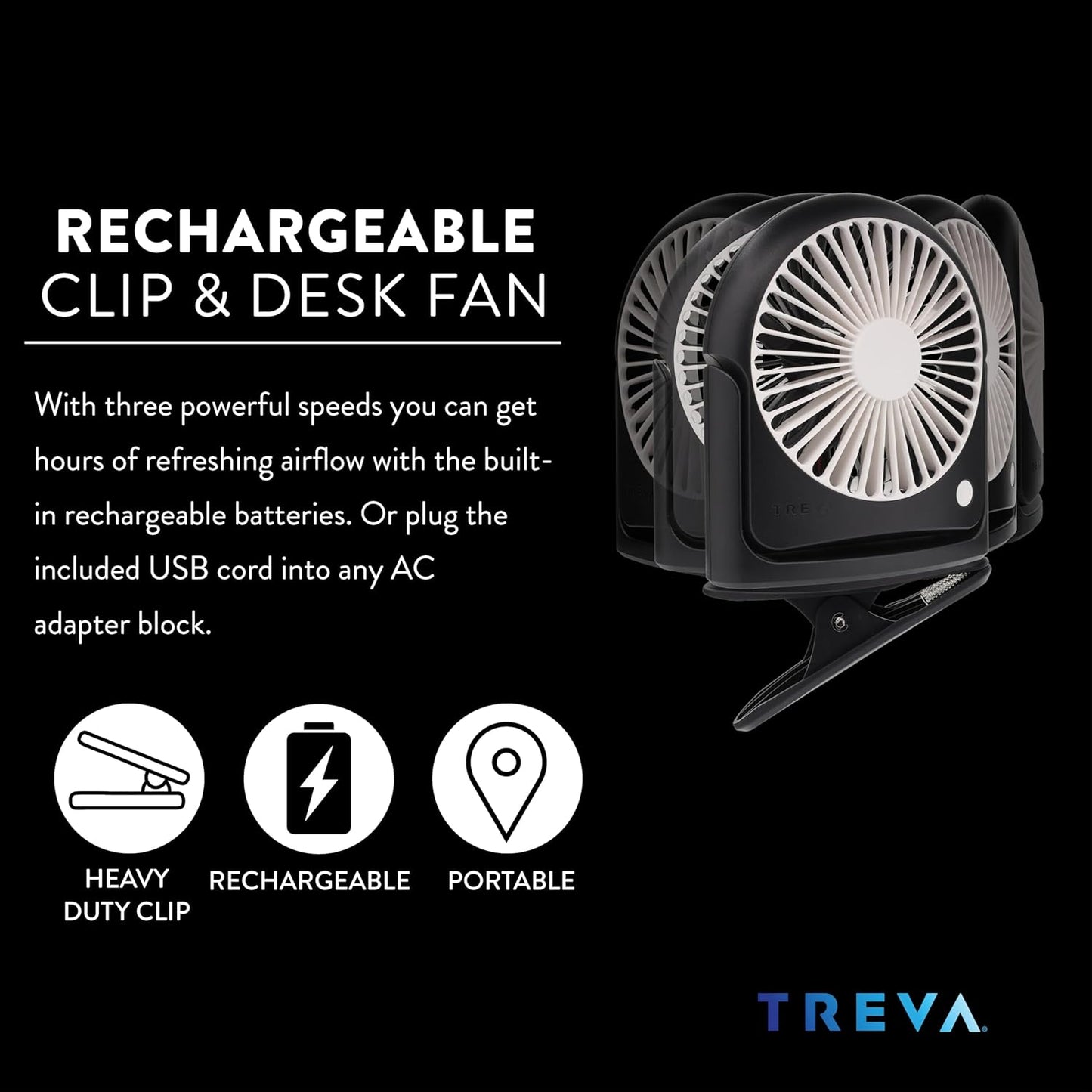 Treva 5 Inch Rechargeable Powered Clip Fan 3 Speed Slim and Portable Indoor and Outdoor Cooling Multi-Directional