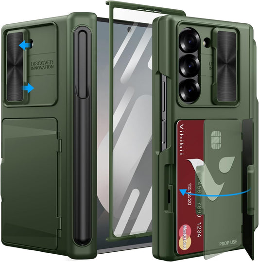 Vihibii for Samsung Galaxy Z Fold 6 Wallet Case with S Pen Holder & Card Holder & Camera Lens Cover & Hinge Protection & Front Screen Protector, Heavy Duty Phone Case for Samsung Z Fold 6 5G, Green