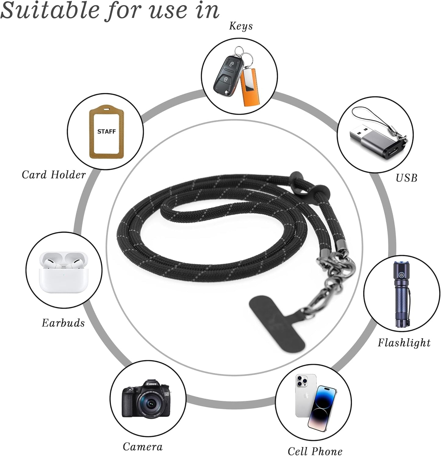 Phone Lanyard Universal Cell Phone Strap Crossbody Strap for iPhone Lanyard Around the Neck Extra Long Rope with Tether Tab for Men and Women (Black Reflective)