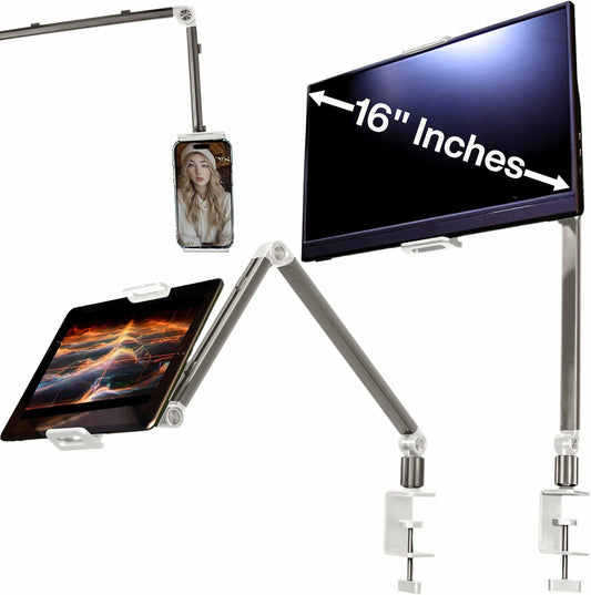 Portable Monitor Stand 16 Inch - Heavy Duty Aluminum Adjustable Monitor Mount with Articulating Arm, 360° Rotation, Cable Management - Professional Desk Setup for Tablets, Phones 4.7-16"