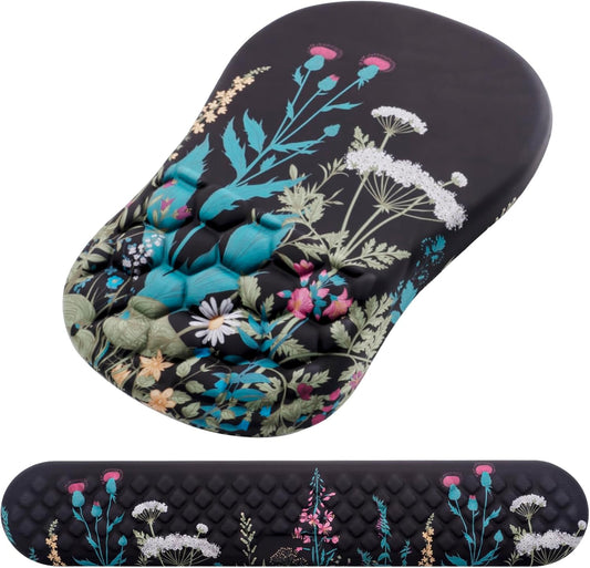 Mouse Pad Wrist Support, Laokiiy 2 in1 Keyboard Wrist Rest+ Ergonomic Mouse Pad, Non-Slip Wrist Rest for Computer Keyboard, Made Easy Typing & Relieve Wrist Pain(Flower)