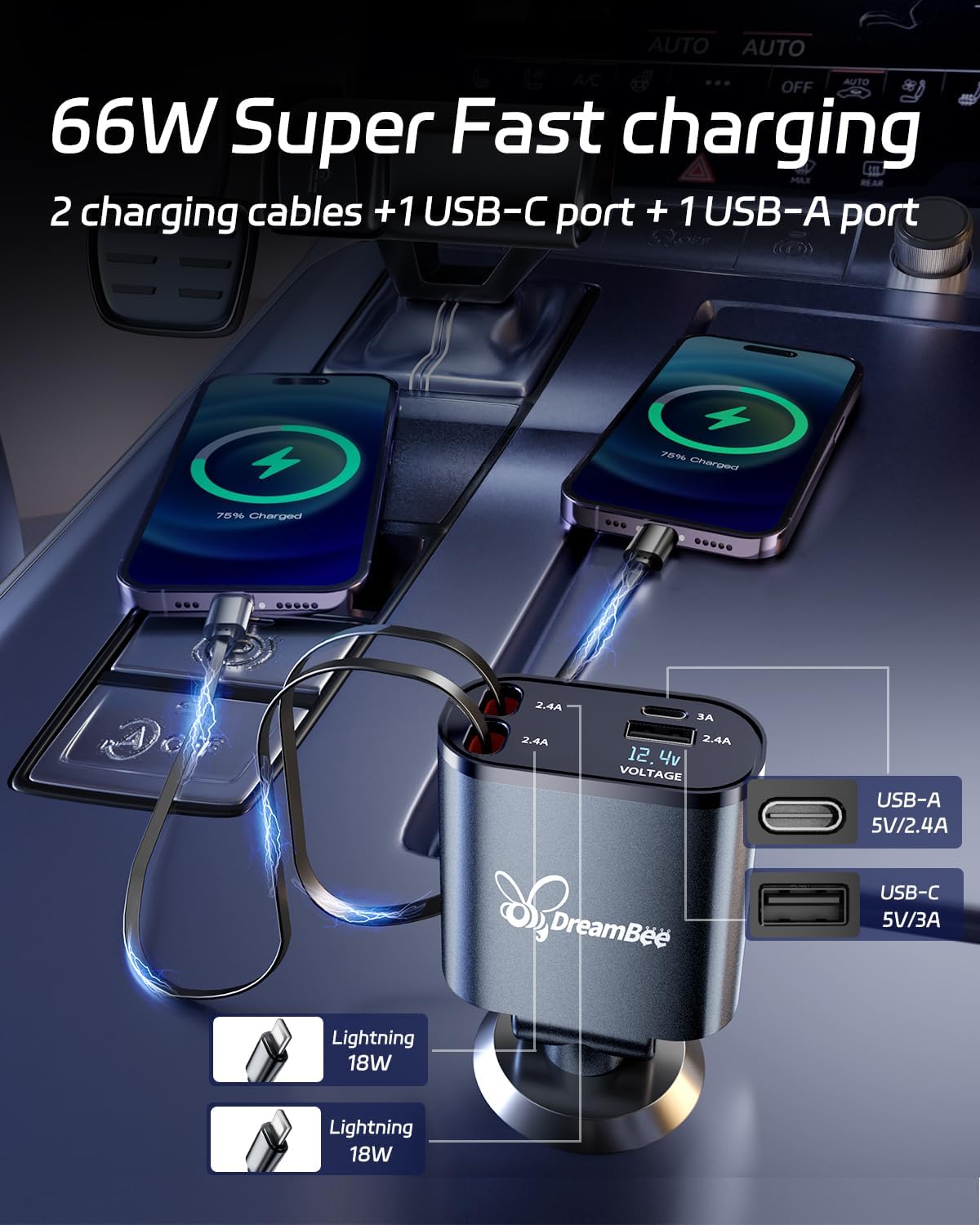 Retractable Car Charger,Super Fast USB Car iPhone Charger,Gifts for Men Women Car Truck Accessories for iPhone 15/14/13/12 Pro Max XR,iPad,Samsung,Pixel