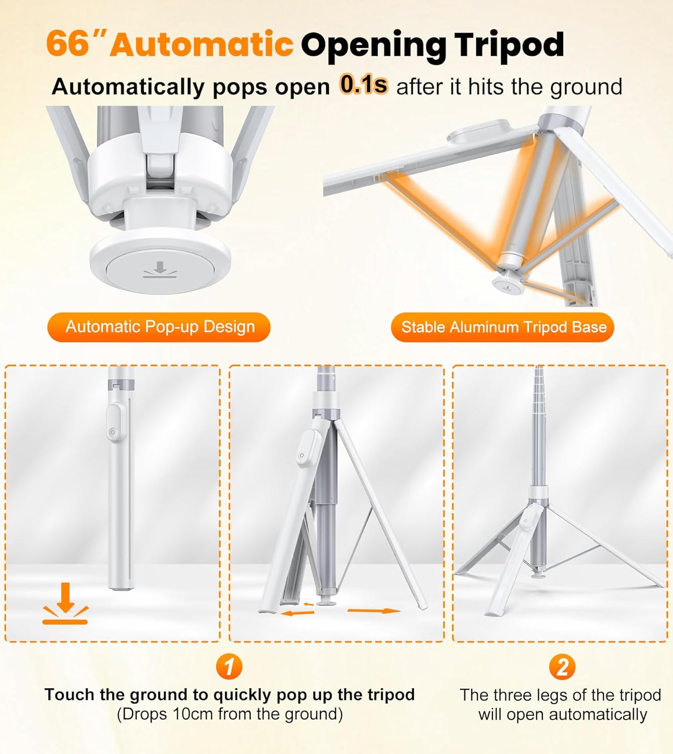 TONEOF 66" Automatic Phone Tripod with Magnetic Rechargable Remote,Selfie Stick 360° Vertical & Horizontal Rotatable,Stable for iPhone/Android((White)