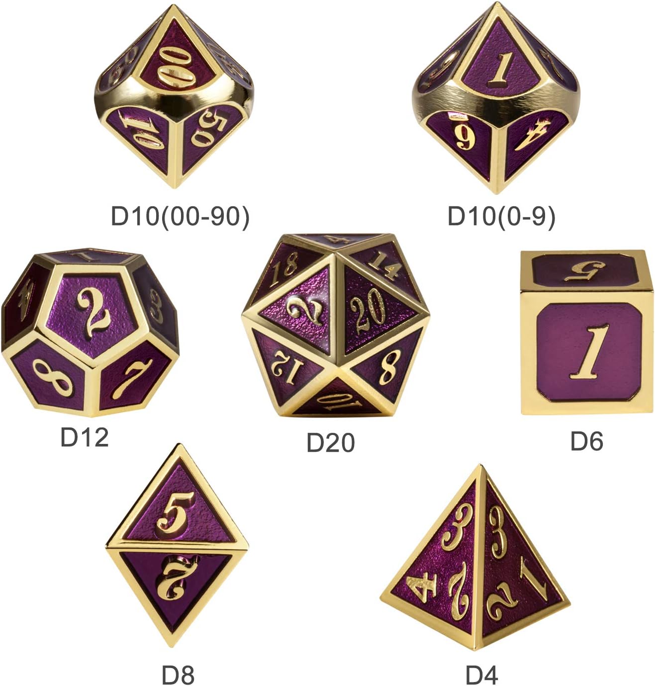 D&D Table Game Dice Set, 7PCS Metal Die with Metal Gift Box for Dungeons and Dragons (Dark Purple and Gold Number)