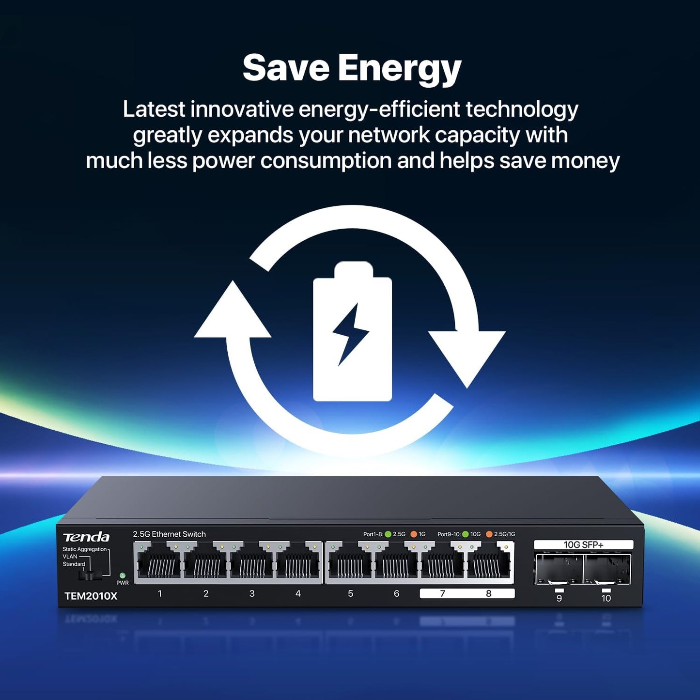 Tenda TEM2010X 8 Port 2.5G Ethernet Switch, Unmanaged 2.5Gb Switch with 8 x 2.5G Ports & 2 x 10Gb SFP+ Slots, Support VLAN & Static Link Aggregation, 80Gbps Switching Capacity, Fanless Metal Design