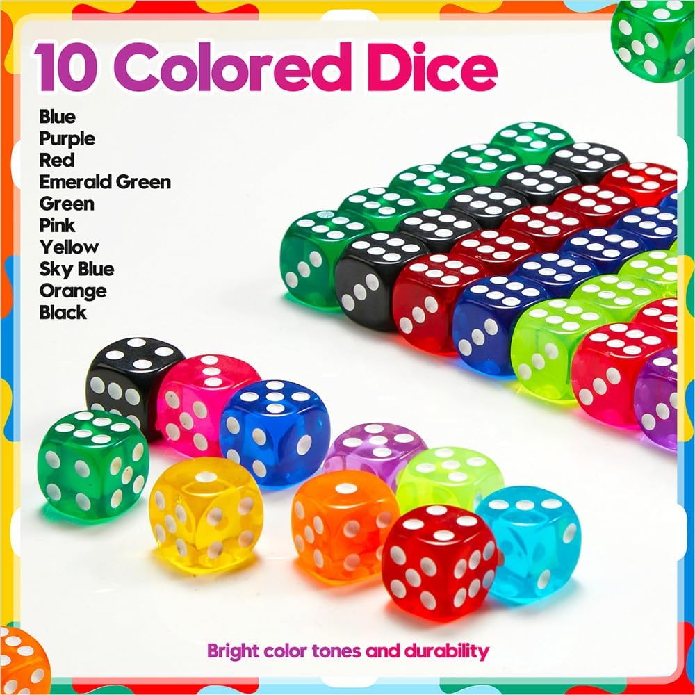 100 Pieces Colored Dice Set, Standard Bulk Colors Dices, Classroom Dice, Translucent 6 Sided Games Dice for Board Games, Parties, Classroom Math Games