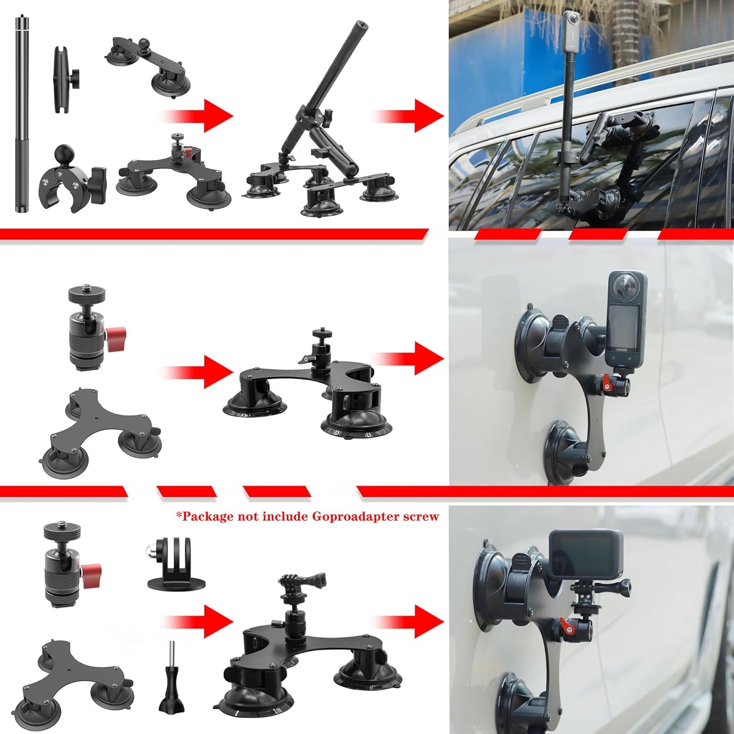 Taisioner Suction Car Mount for Camera Insta360 X5/X4/X3/X2/GO 3/ONE/RS Compatible with Gopro Max 360 Outside Car Mount with 67” Invisible Selfie Stick 5 in 1 Suction Camera kit for Action Camera