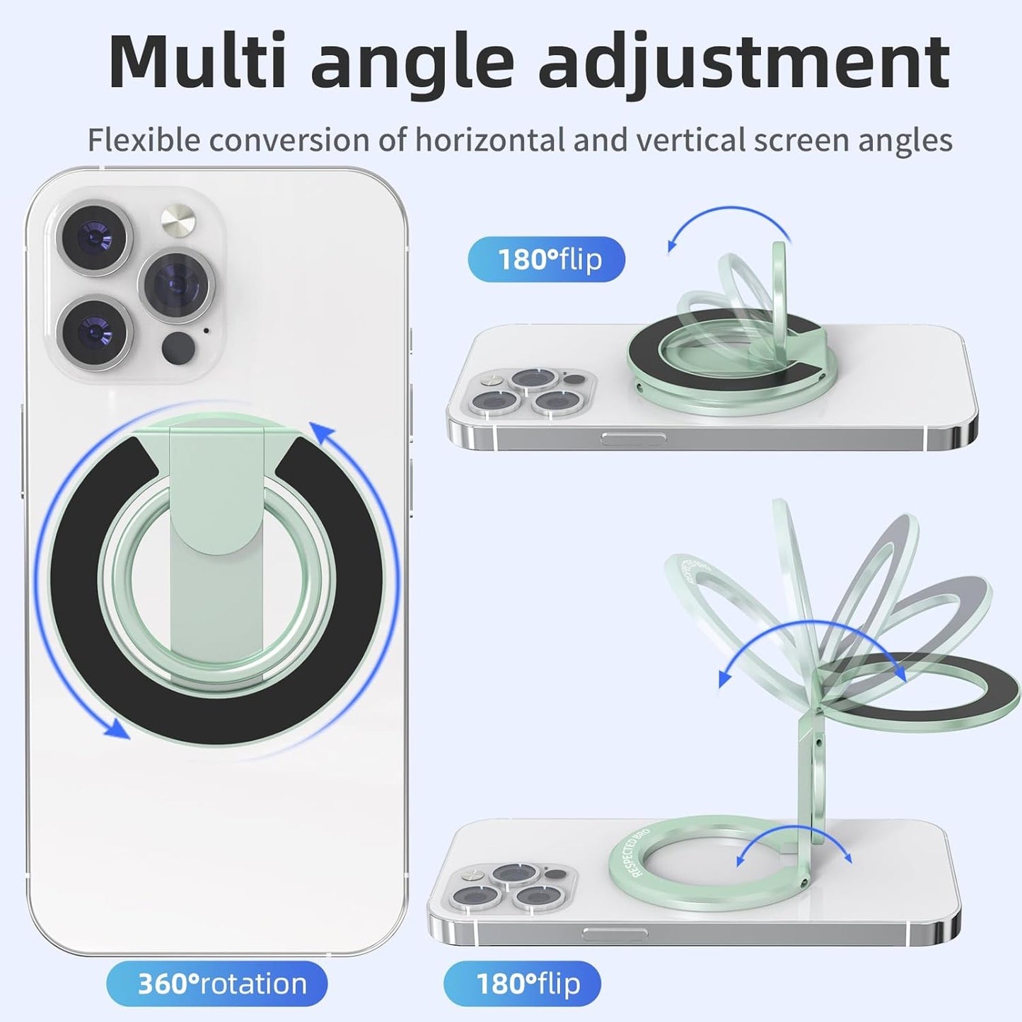 RESPECTED BRO-Magnetic-Phone-Ring-Holder with Dual Rings, Compatible with iPhone 16/15/14/13/12, Multifunctional Stand for Desk,Office,Gym,Kitchen & All Metal Surfaces, Finger Loop Grip (Light Green)