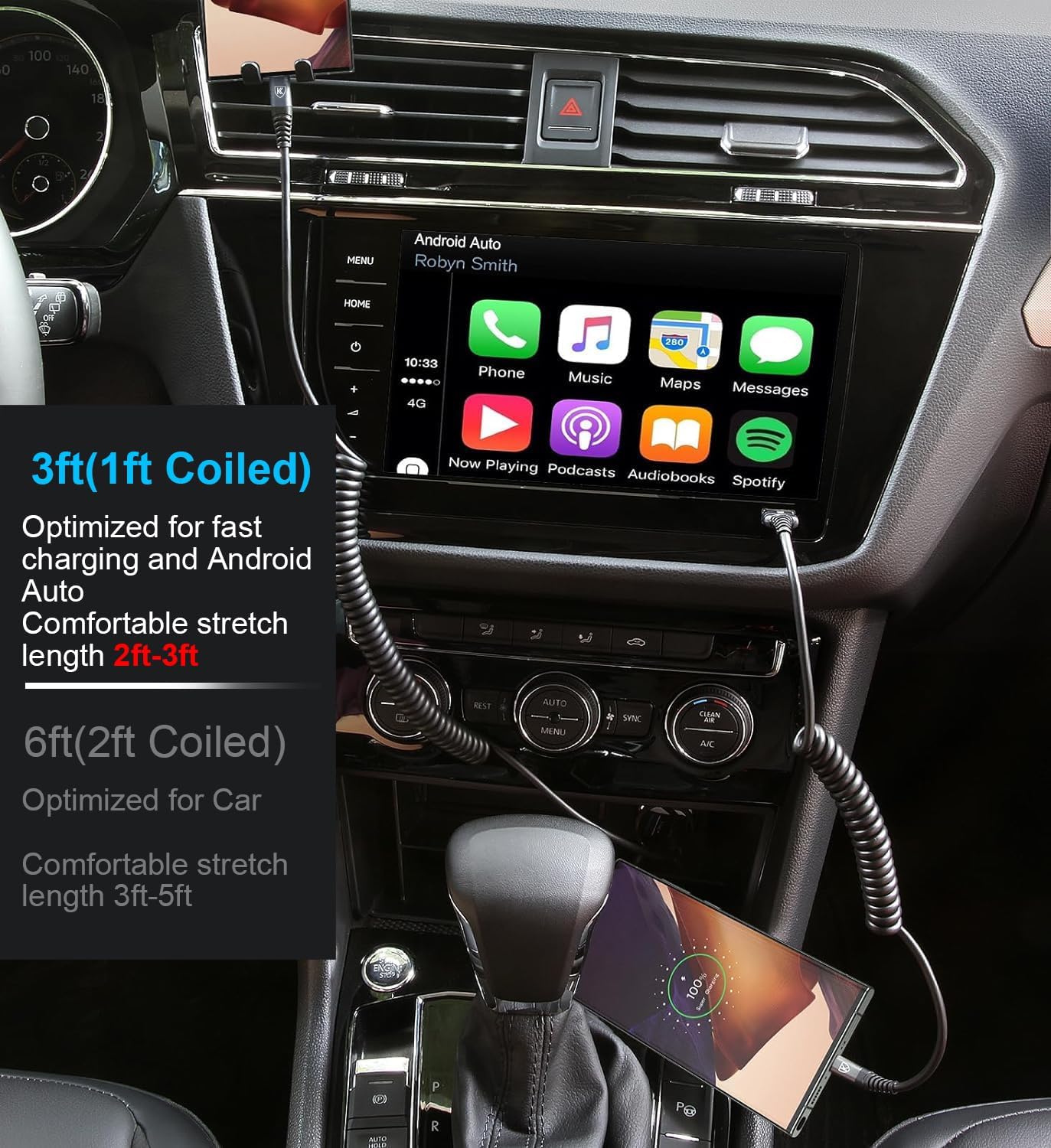 2Pack Coiled USB C to USB C Charger Cable for Car, Type C Fast Charging USBC Charger Cord Compatible with 15/15 Plus/15 Pro/15 Pro Max/Samsung Galaxy S23