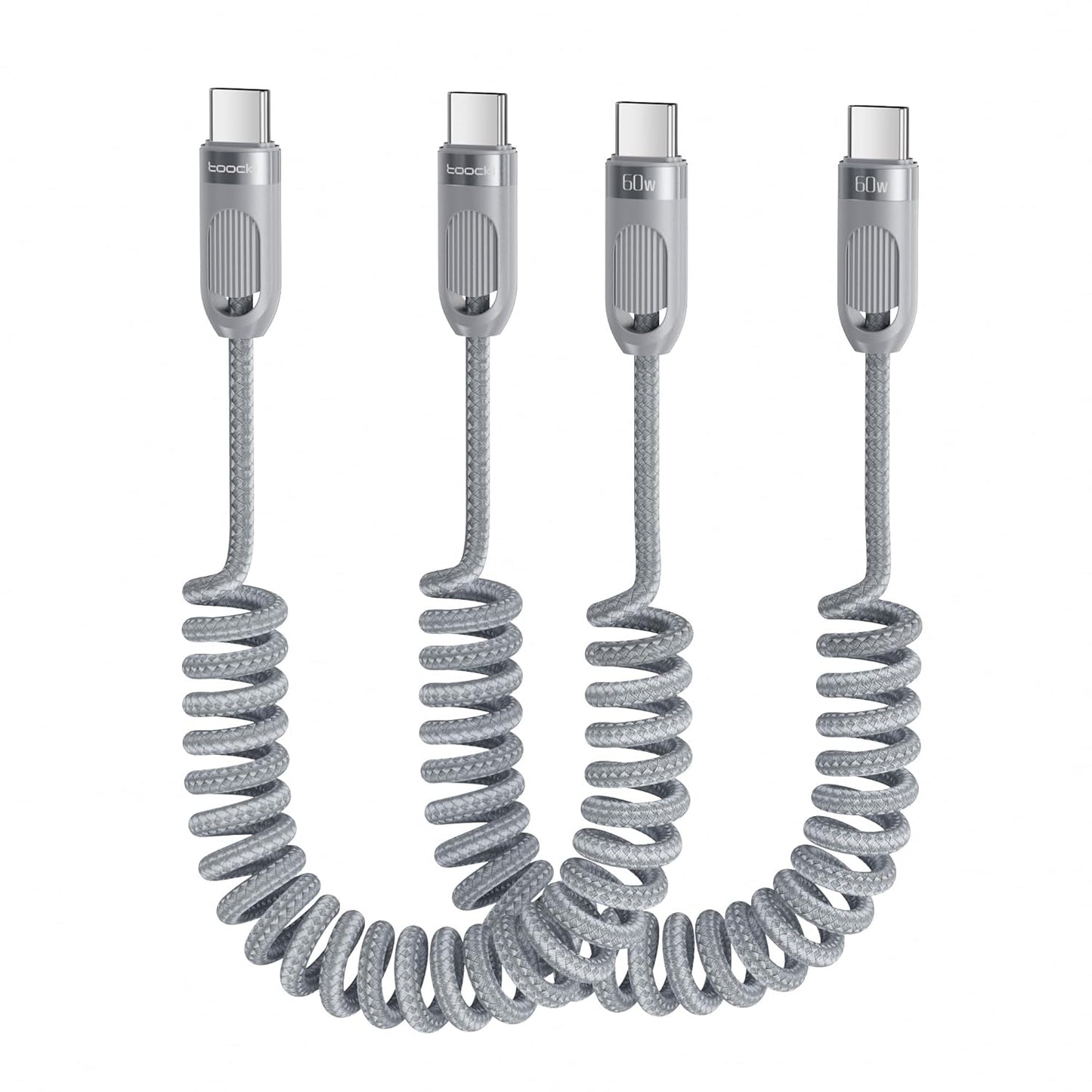 Coiled USB C to USB C Cable 2Pack 3FT Braided Retractable Fast Charging Cable for Car, Compatible with iPhone 16/15 Pro Max/Galaxy S24/S23/S22, Supports Car Play & Android Auto-Grey