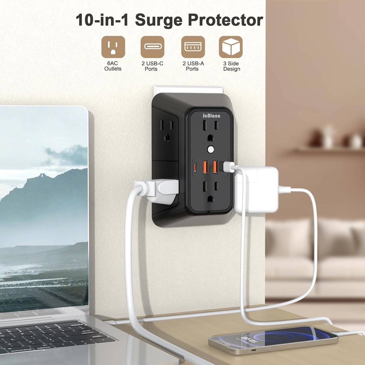 JcBlaon Outlet Extender Surge Protector - 6 Outlet Splitter with 4 USB Ports (2 USB C), Multiple Plug Expander Wall Charger, 3 Sided Multi Plug Wall Adapter Power Strip for Home Office Kitchen Travel