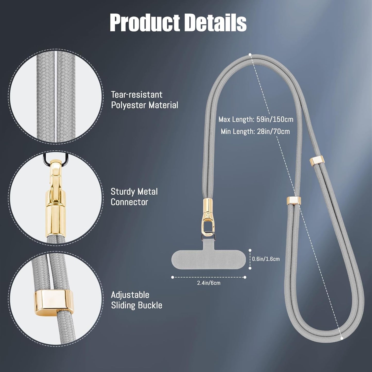 Phone Lanyard 2 Pack, 2x Adjustable Crossbody Phone Strap, 2x Tether Tab, Anti-theft Universal Cellphone Multifuctional Patch Lanyards for iPhone & Most Smartphones, Black + Silver Gray