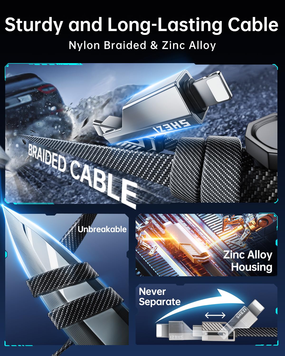 SHEZI [Upgraded 2.0] 4-in-1 Long USB C Cable 60W 10FT Fast Charging [480Mbps Data Transfer] Flat Braided Multi Charger Cord Wire Combo with L/USB C/A Port for iPhone/iPad & All Devices, Grey